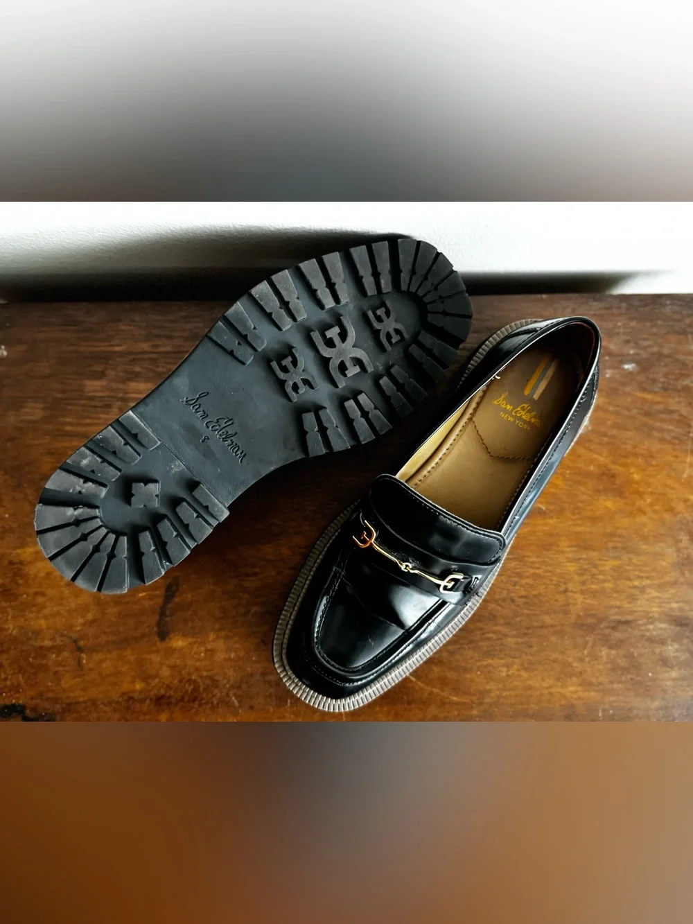 Sam Edelman Black Leather Loafers with Gold Bit